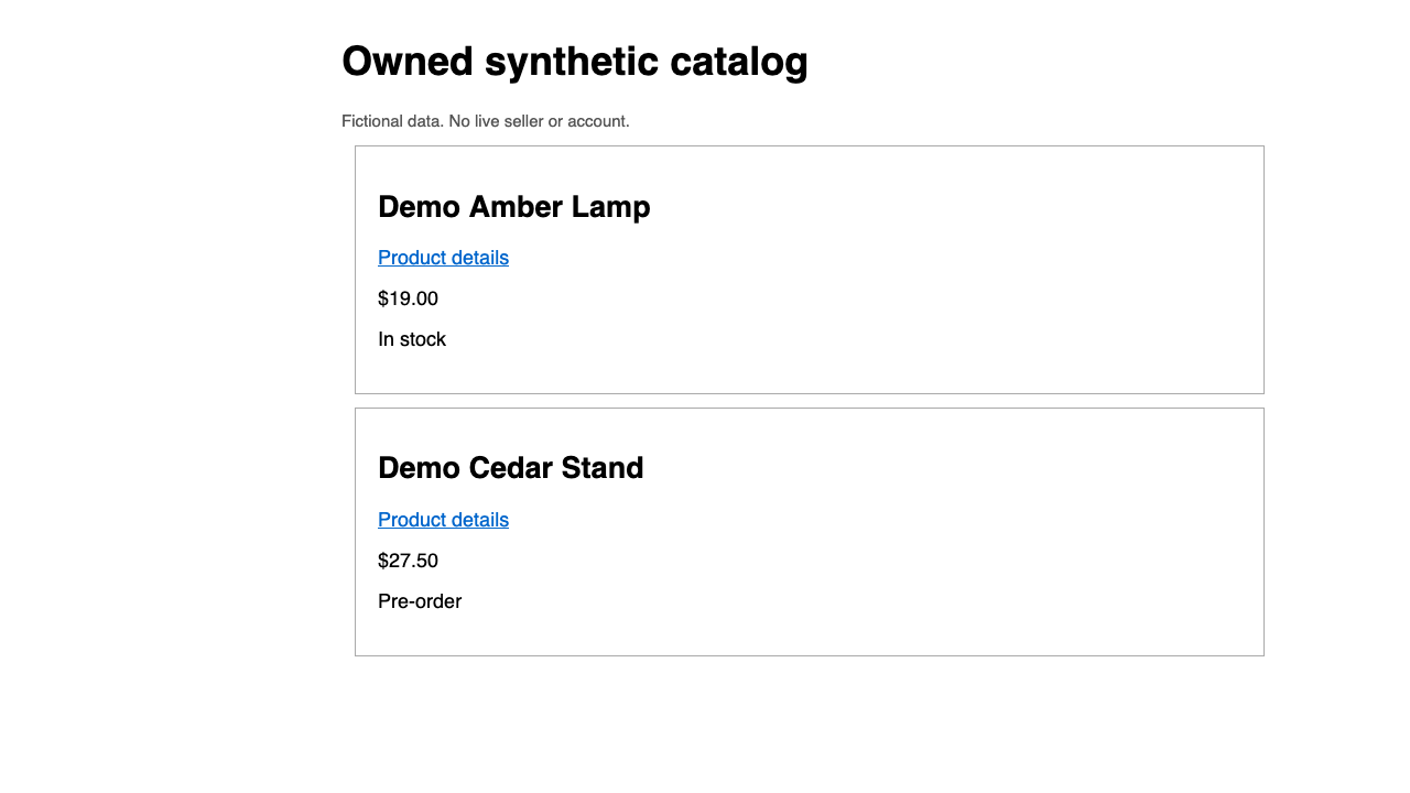 Actual CamoFox Browser screenshot of an owned synthetic catalog showing Demo Amber Lamp and Demo Cedar Stand, with fictional prices and availability