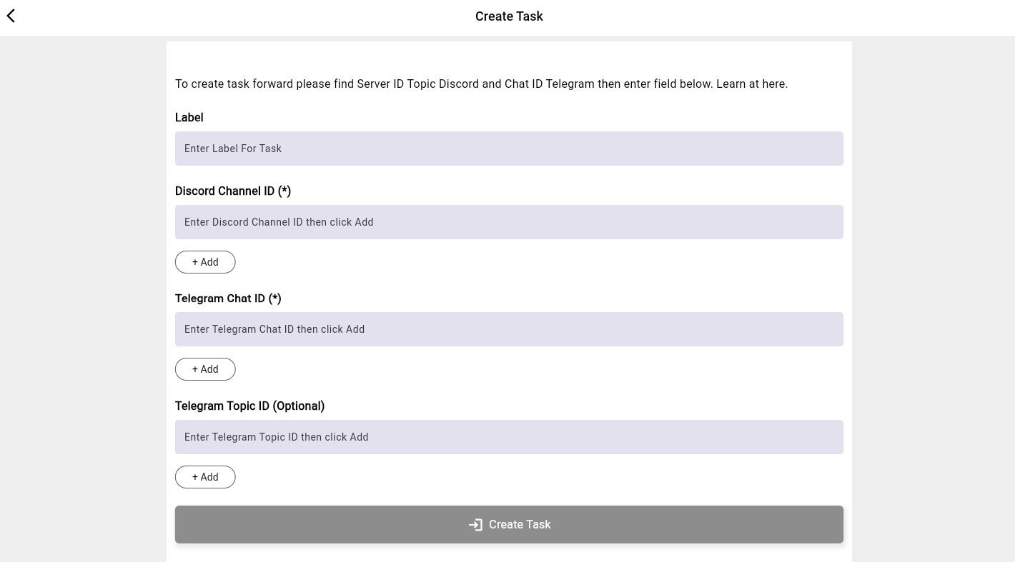 First-party Discord to Telegram Create Task screen with fields for a label, Discord Channel ID, Telegram Chat ID, and optional Telegram Topic ID