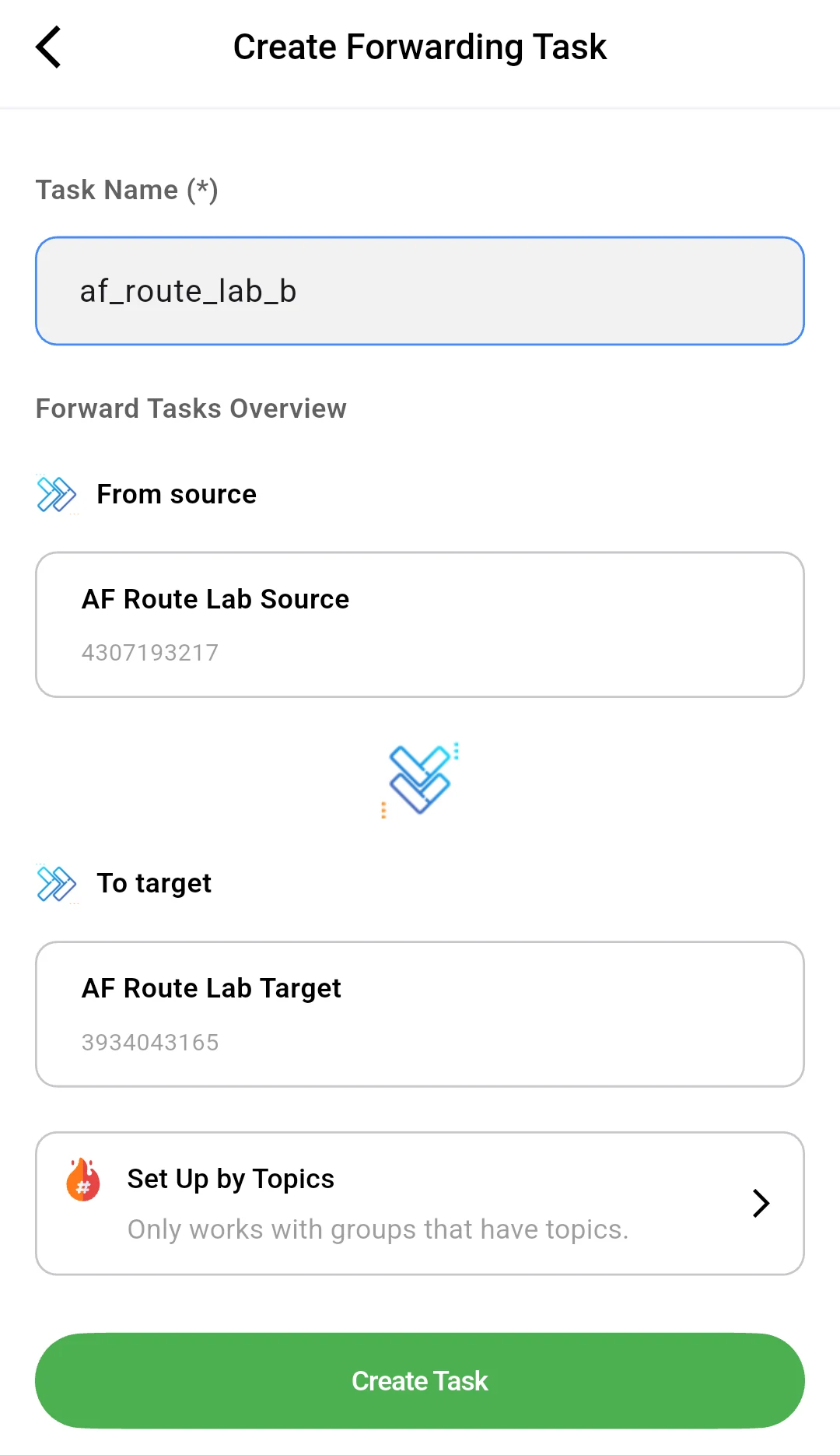 Real Auto Forward Android Create Forwarding Task screen with AF Route Lab Source, AF Route Lab Target and Create Task button