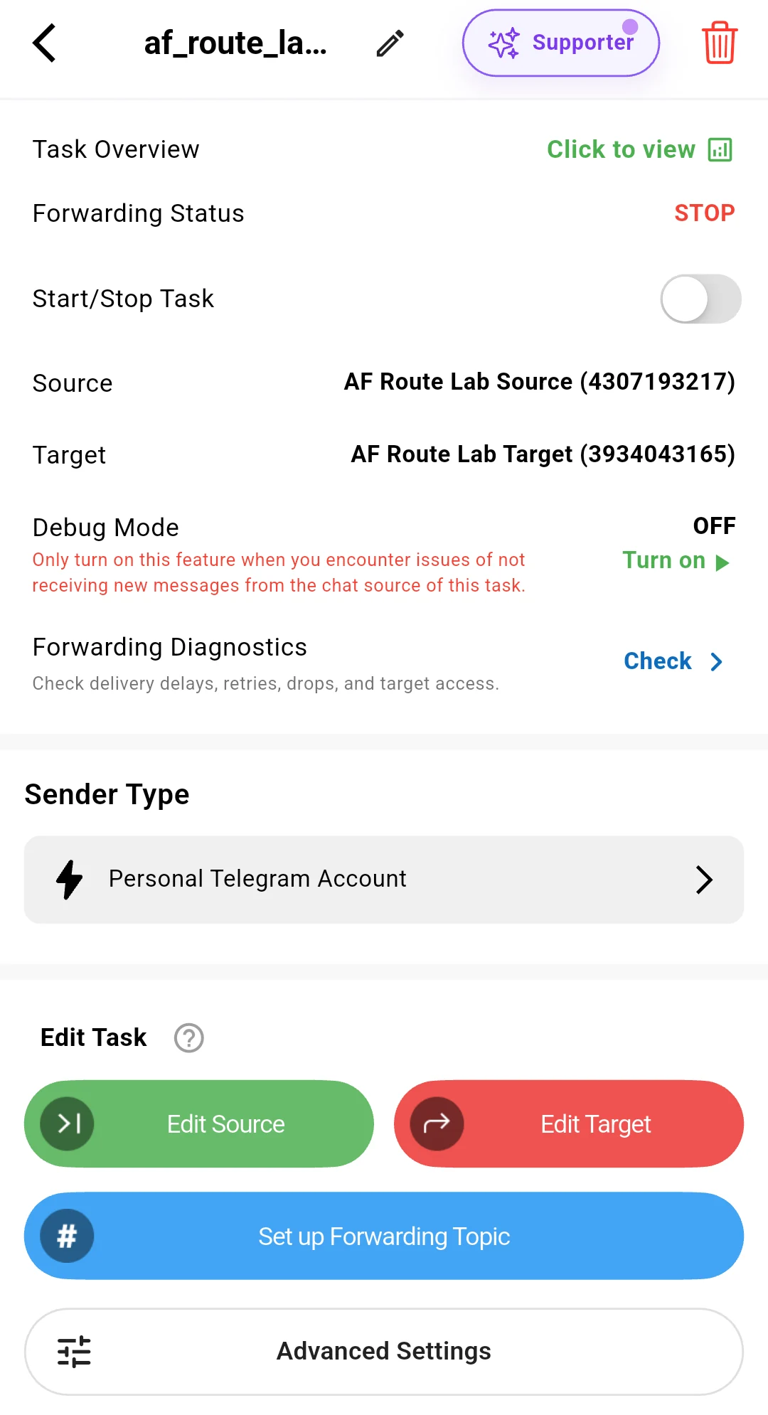 Real Auto Forward Android task paused, showing Edit Source and Edit Target controls under Edit Task