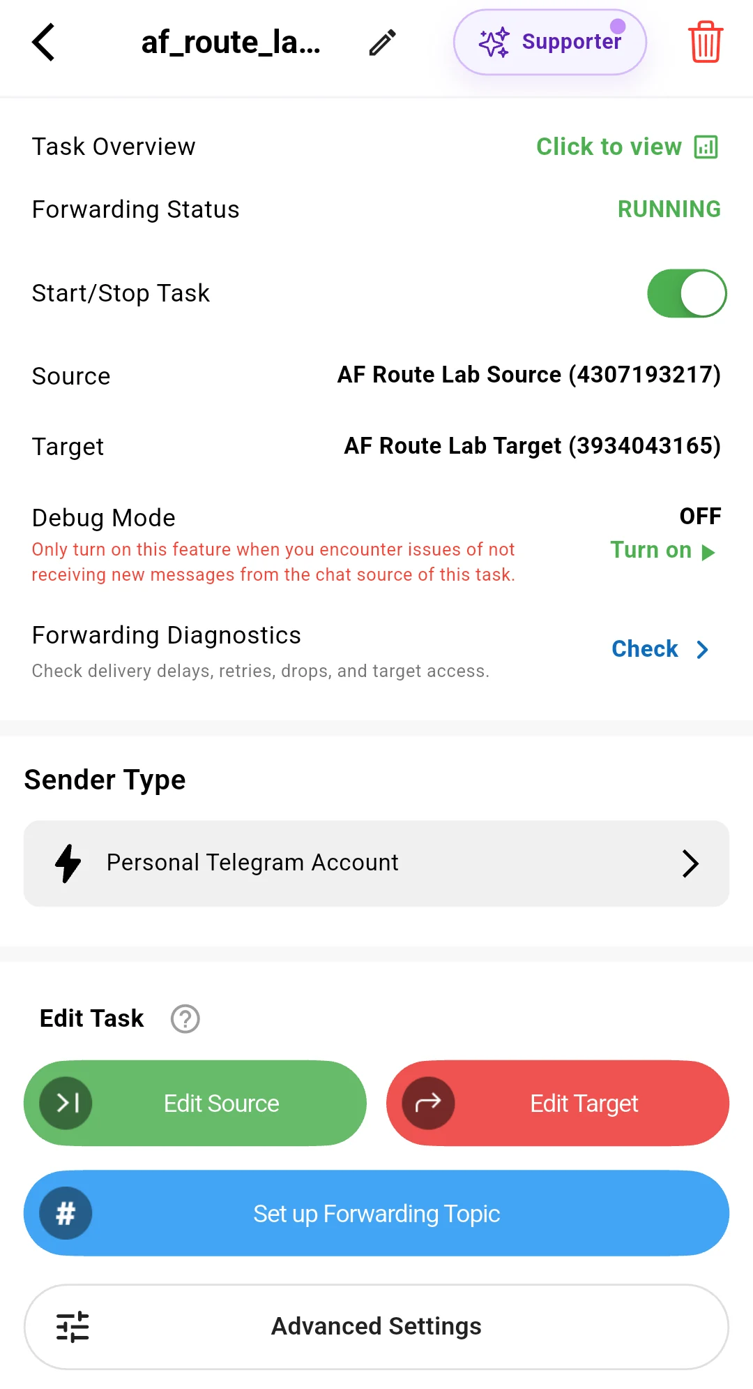 Real Auto Forward Android task af_route_lab_b running between the owned test source and target