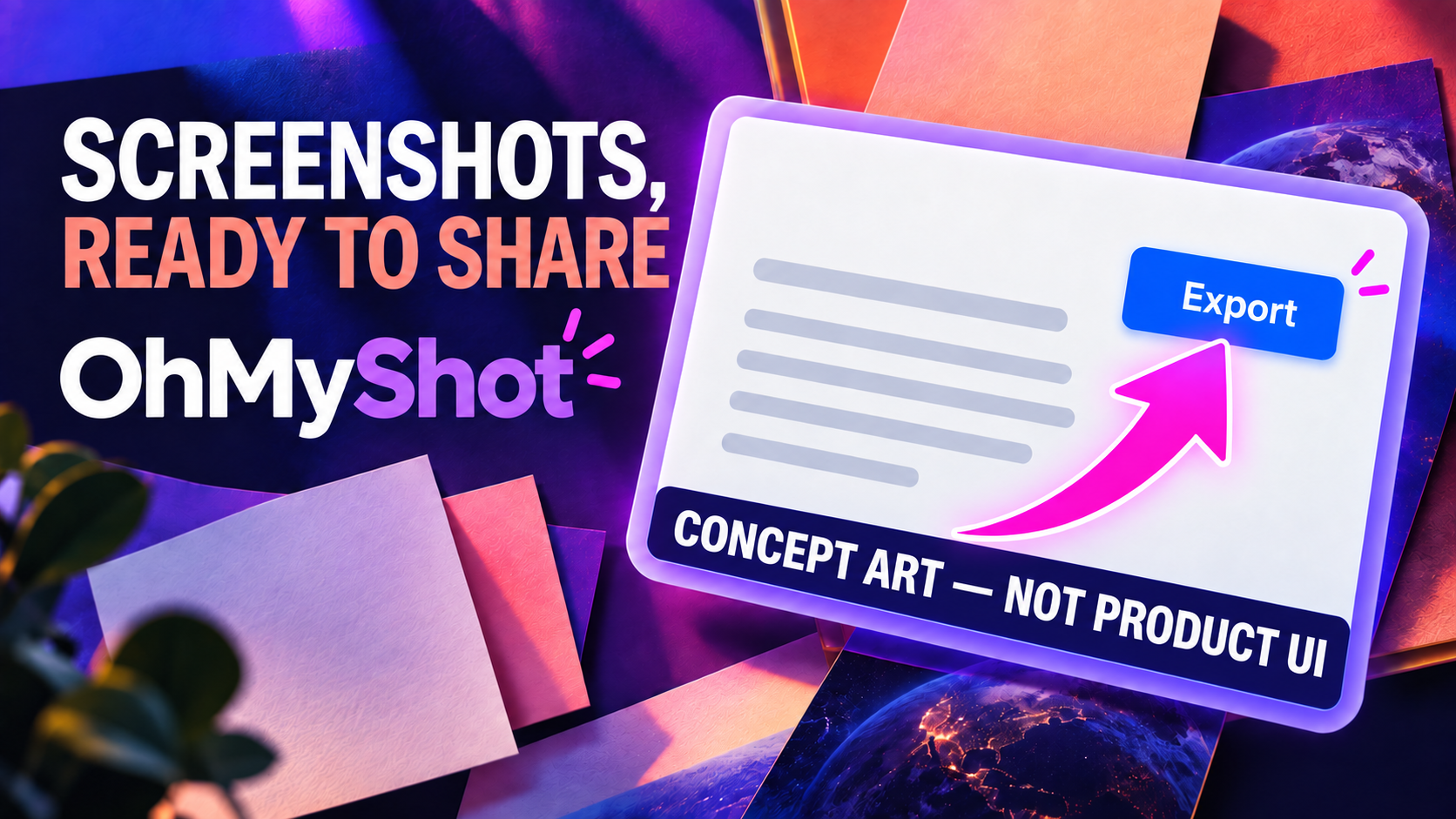 Colorful conceptual OhMyShot editorial art: an arrow points to Export on an illustrative screenshot card, explicitly labeled not product UI
