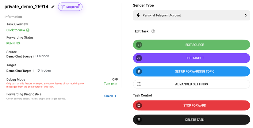 RedFox task detail showing a running Demo Chat Source to Demo Chat Target 1 route