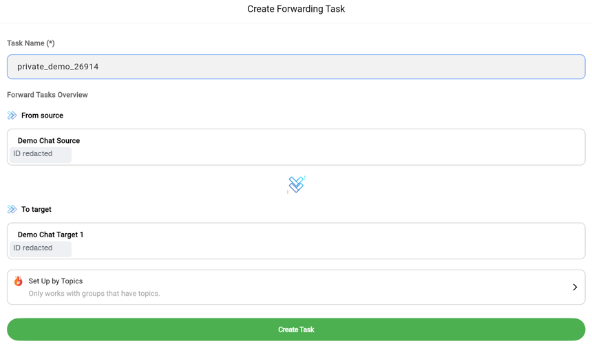 RedFox Create Forwarding Task screen with Demo Chat Source and Demo Chat Target 1 selected