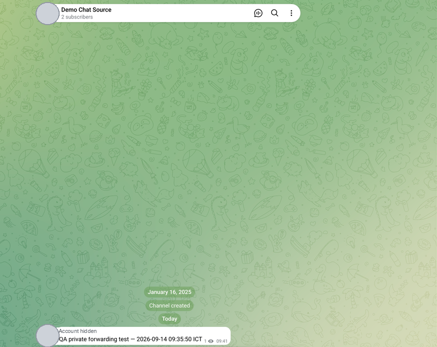 Demo Chat Source showing the controlled QA text at 09:41