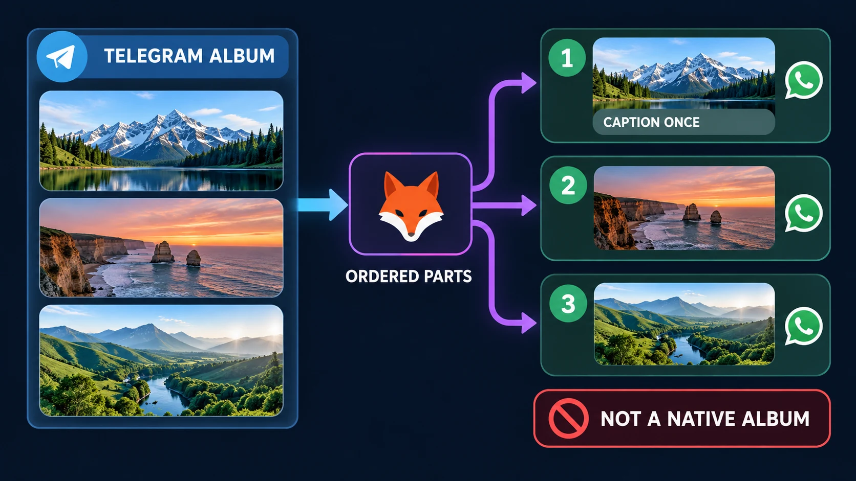 Diagram showing a three-item Telegram album becoming three separate WhatsApp publication parts in order, with the caption attached once to part one