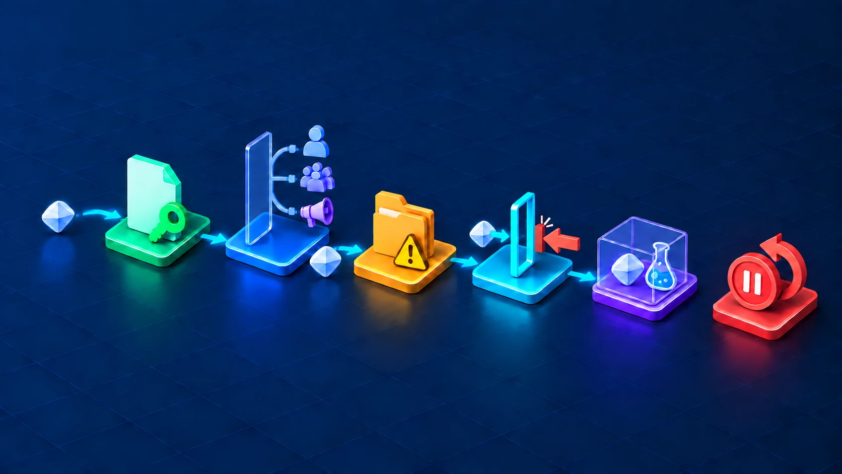 Conceptual decision gate using icons for source rights, destination choice, content sensitivity, one-way fit, controlled testing, and rollback