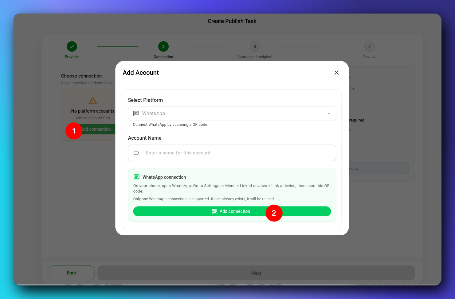 Auto Forward Telegram Add Account dialog with WhatsApp selected and the Add connection button highlighted
