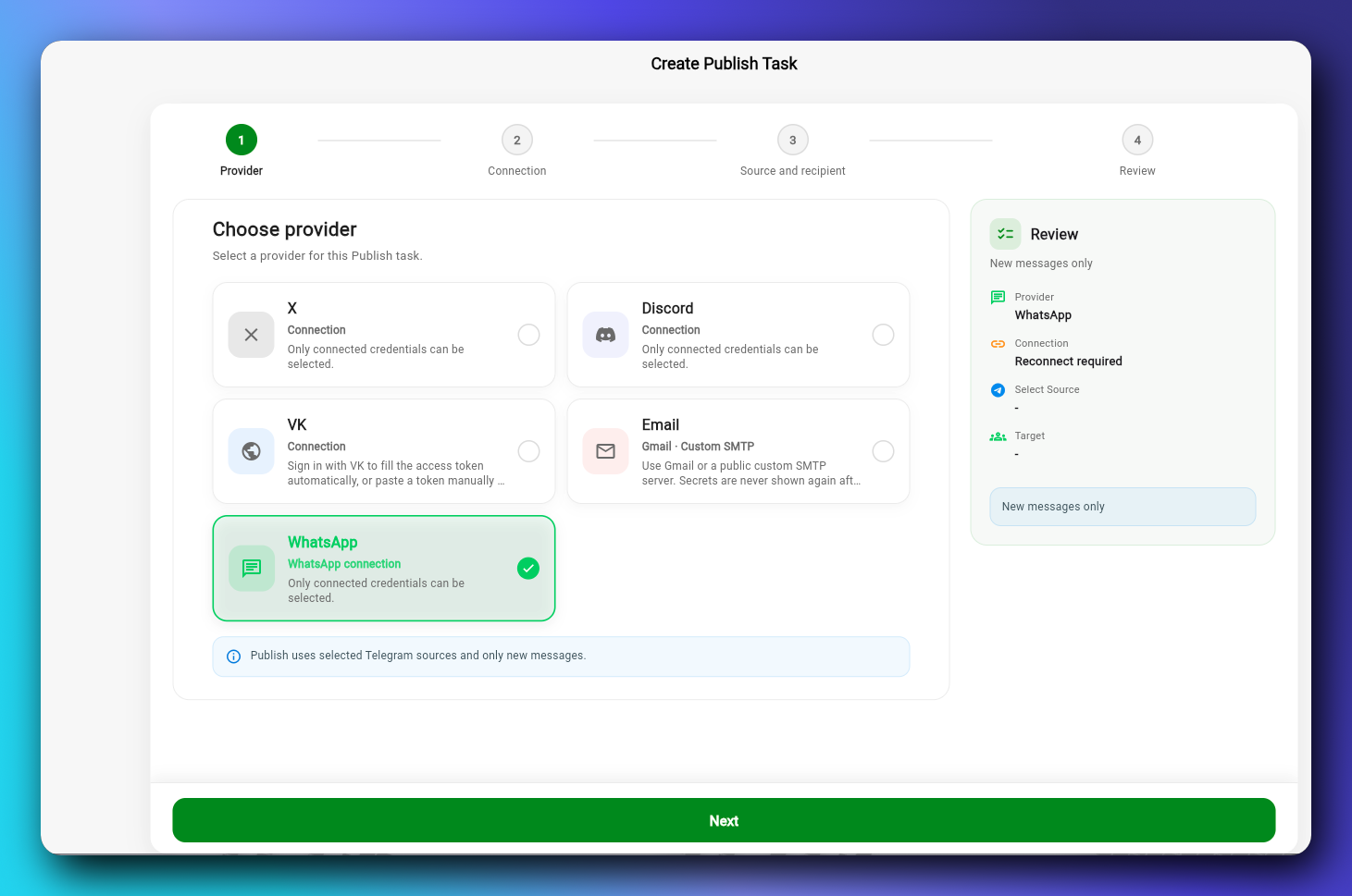 Create Publish Task provider screen with WhatsApp selected and New messages only shown in the review panel
