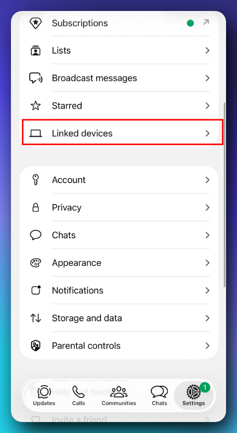 WhatsApp Settings screen with Linked devices highlighted
