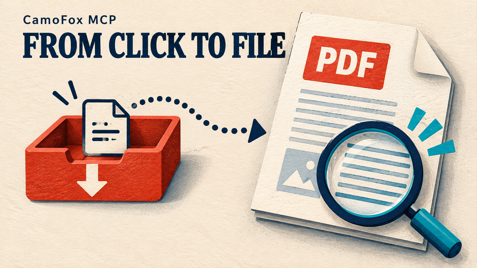 Concept illustration of a PDF moving from a download tray toward a magnifying glass for content inspection.