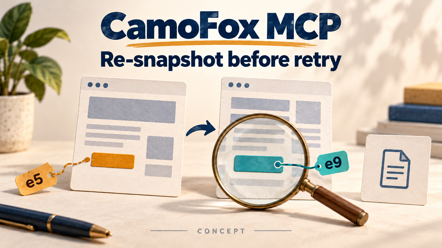 CamoFox MCP concept illustration: an old e5 tag and a fresh e9 tag point to browser-page controls beneath the headline Re-snapshot before retry.