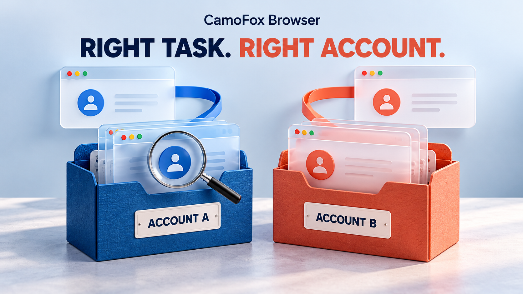Concept illustration of separate CamoFox Browser account contexts, with blue Account A and coral Account B folders and an identity check.