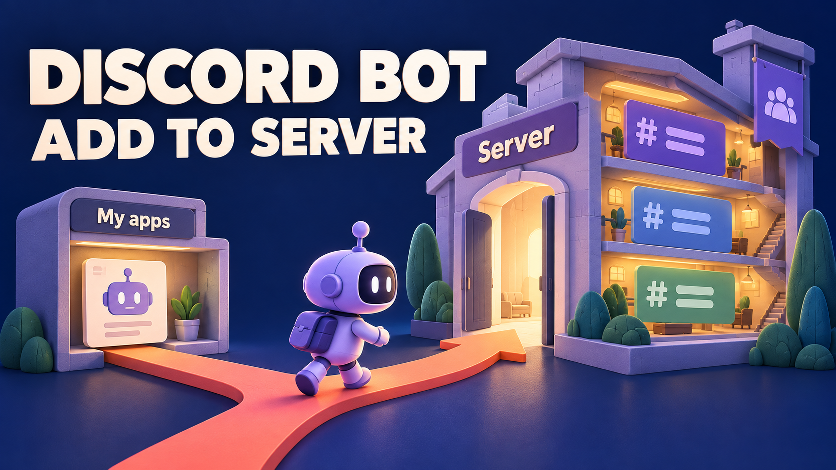 Concept illustration of a lavender bot approaching a community server doorway instead of a personal My apps shelf, with Discord Bot and Add to Server text.