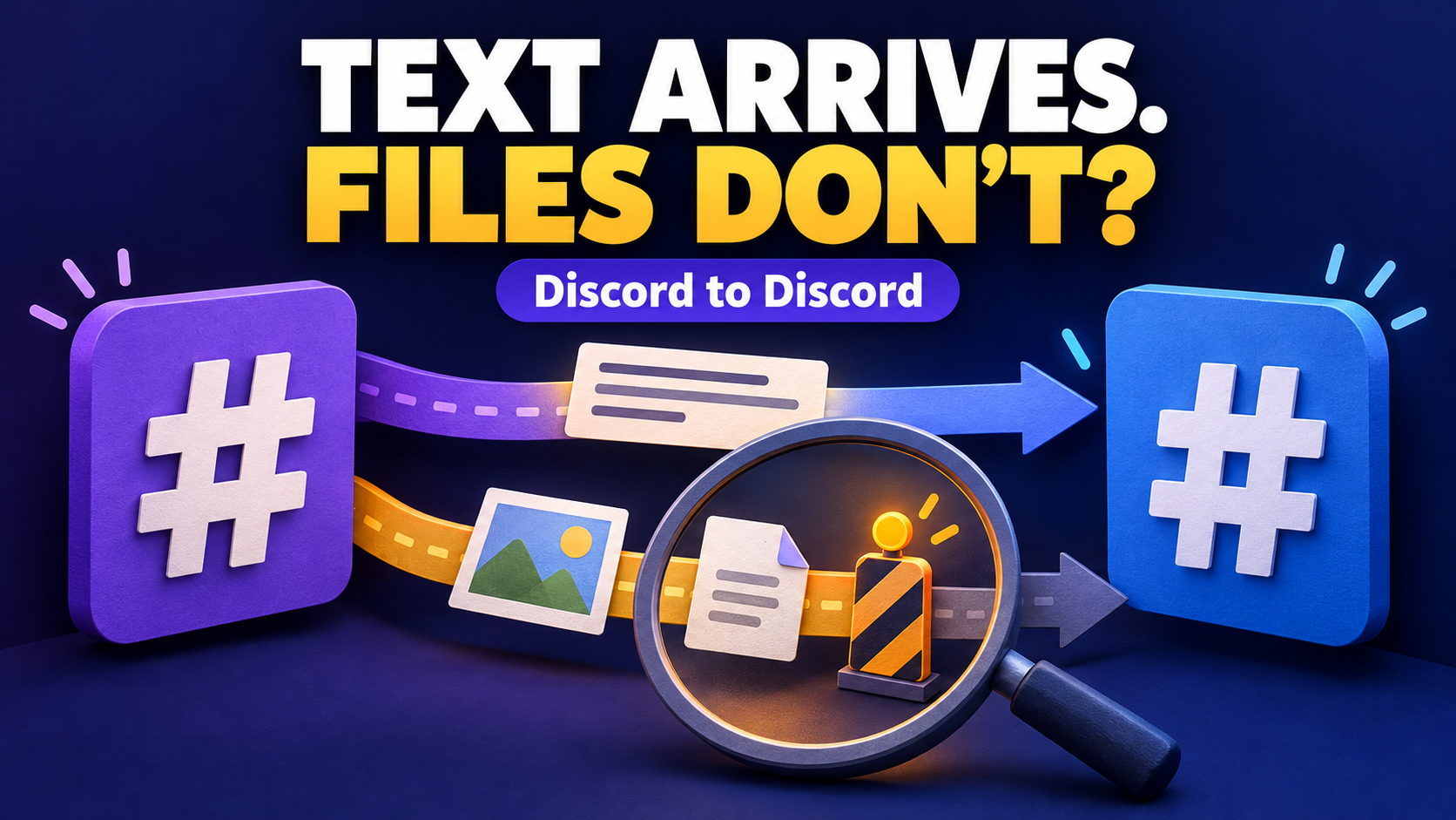 Concept illustration of text reaching a second Discord channel while an image and document pause at an inspection barrier, with the headline Text arrives. Files don’t?