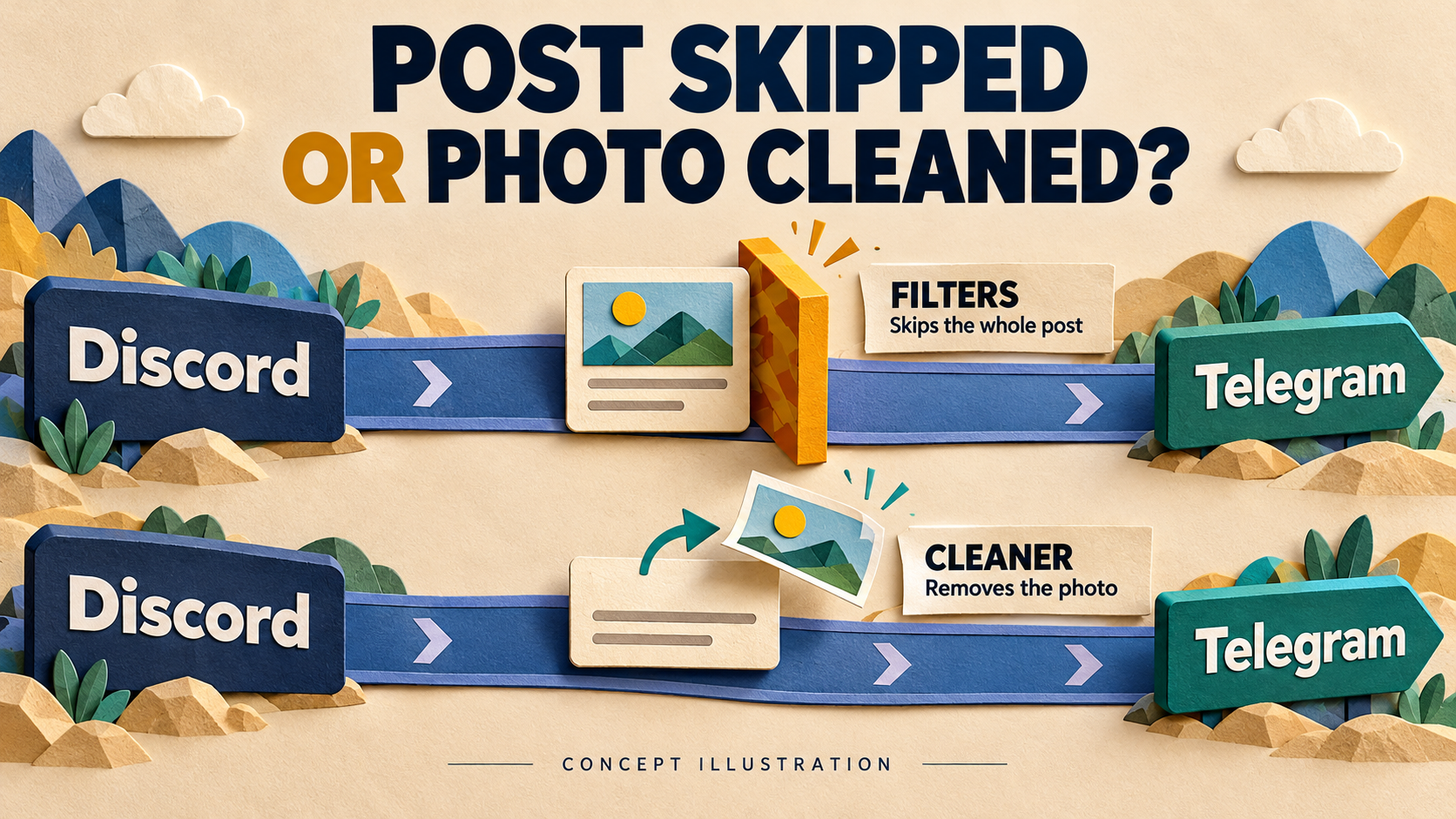 Concept illustration of two lanes from Discord to Telegram: Filters stops a whole picture post at a barrier, while Cleaner lifts the picture off a post that continues with its text.