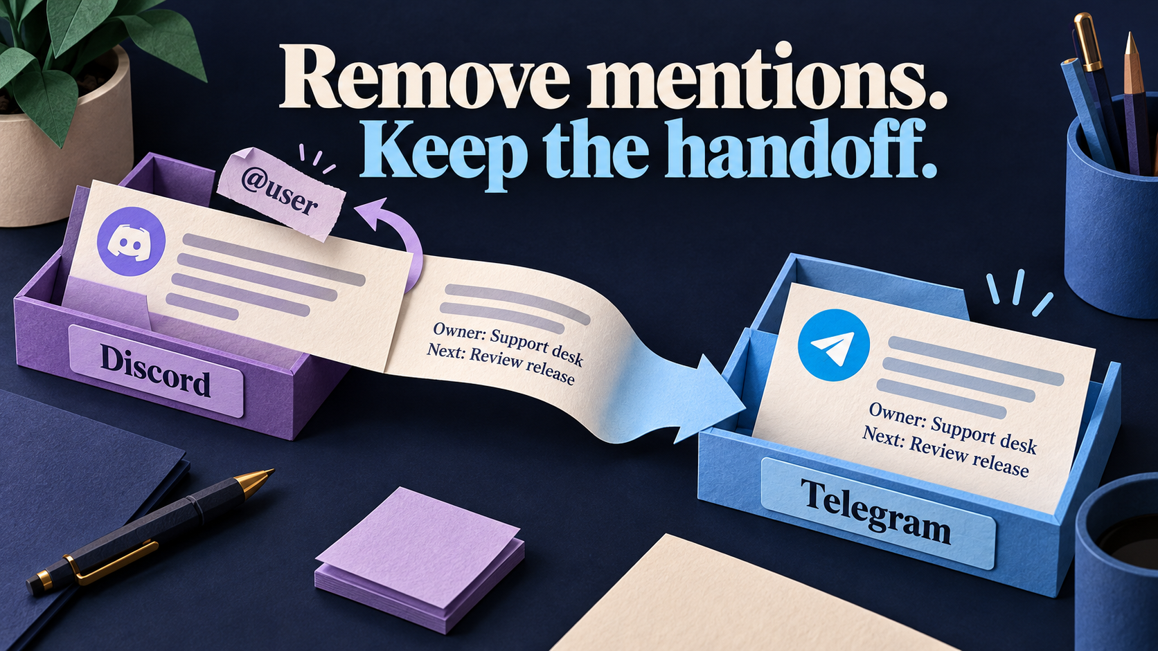 Concept illustration of a Discord user-mention tag separated from a notice that keeps its owner and next action on the way to Telegram.