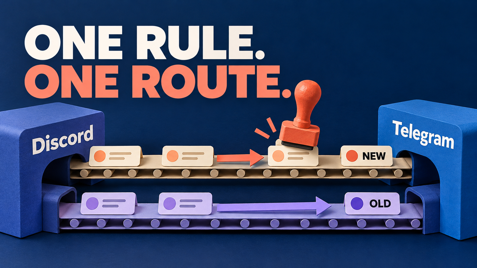 Concept illustration of two Discord-to-Telegram message lanes: a stamp changes the upper lane to NEW while the lower lane stays OLD, beneath One Rule. One Route.