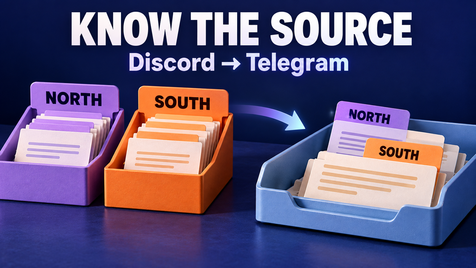 Concept illustration labeled Know the Source, Discord to Telegram: purple North and orange South announcement slips retain distinct source tabs in one blue receiving tray.