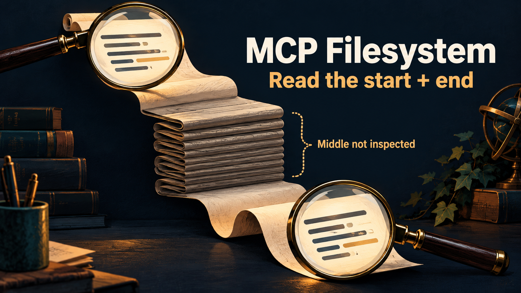 MCP Filesystem concept illustration with two magnifying glasses over the start and end of a folded document and a label reading Middle not inspected.