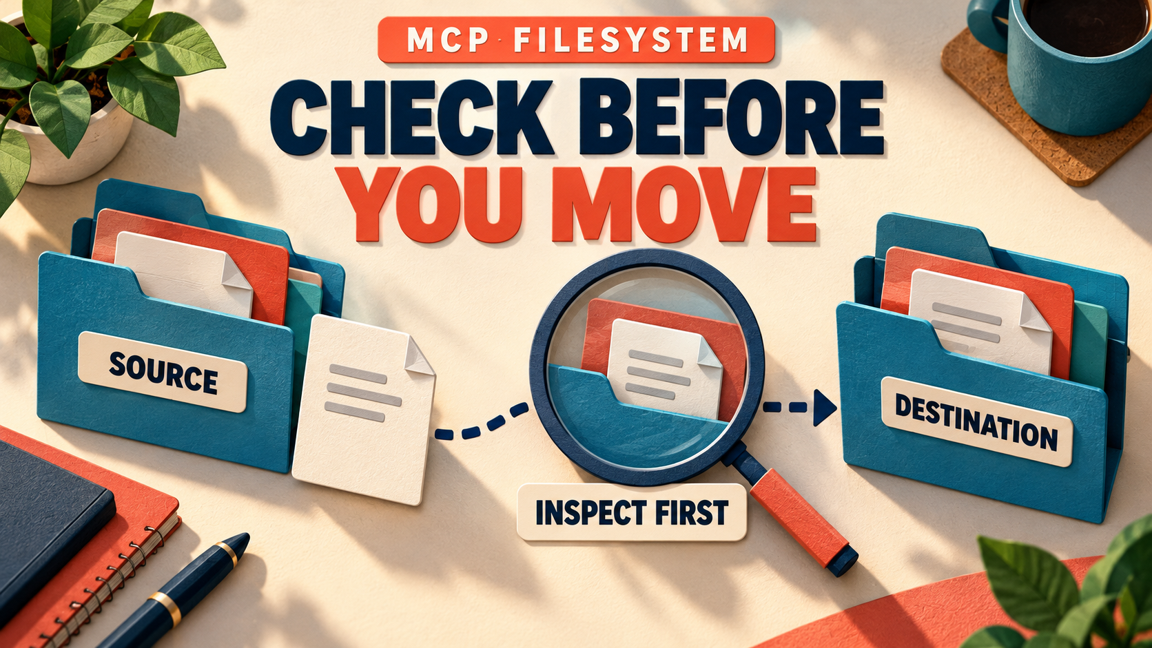 Concept illustration of source and destination folders with a document paused at a magnifying-glass inspection checkpoint before a move.