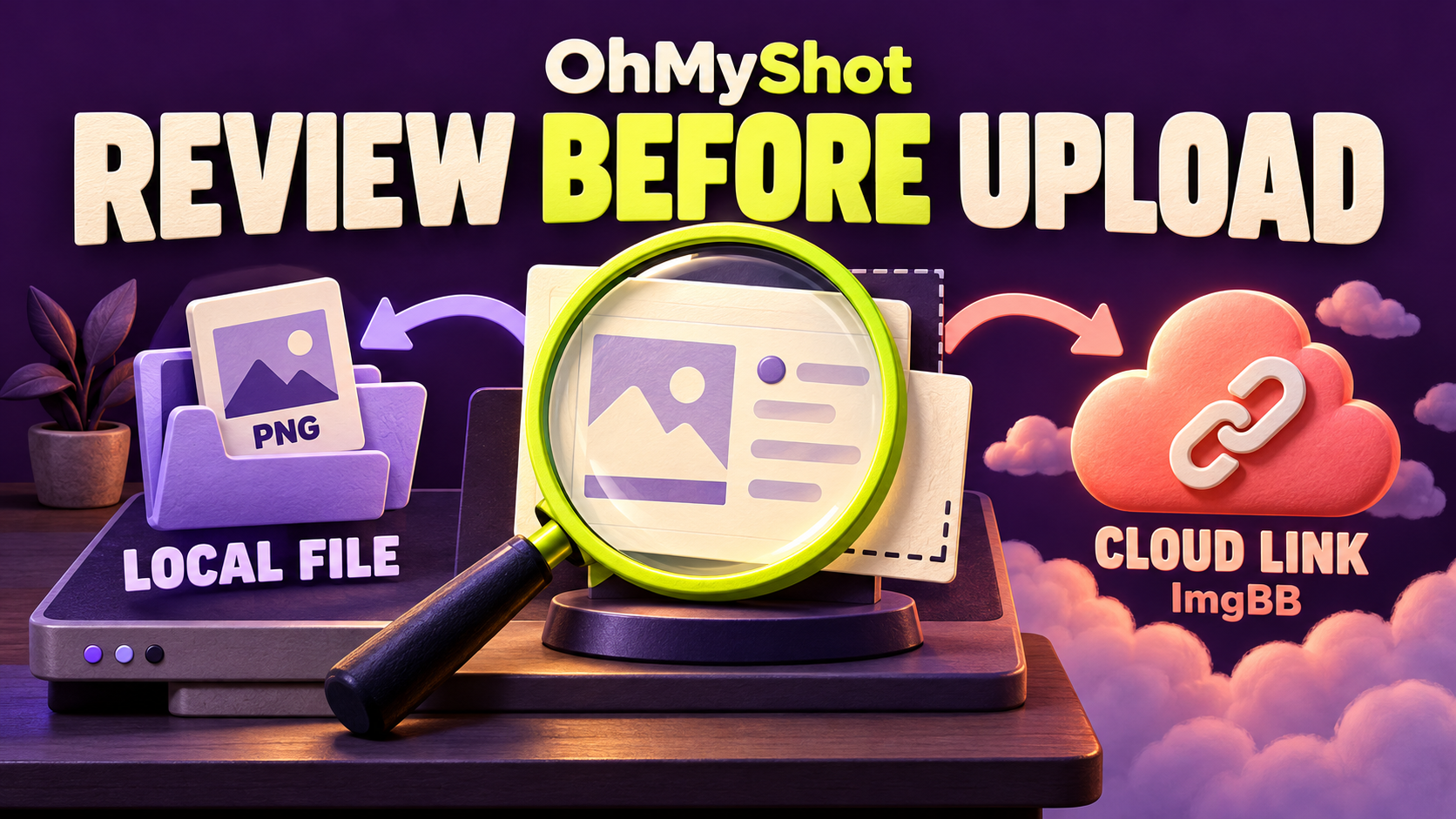 Concept illustration of an OhMyShot image-review checkpoint with a magnifier, a local PNG folder and an ImgBB cloud-link destination.