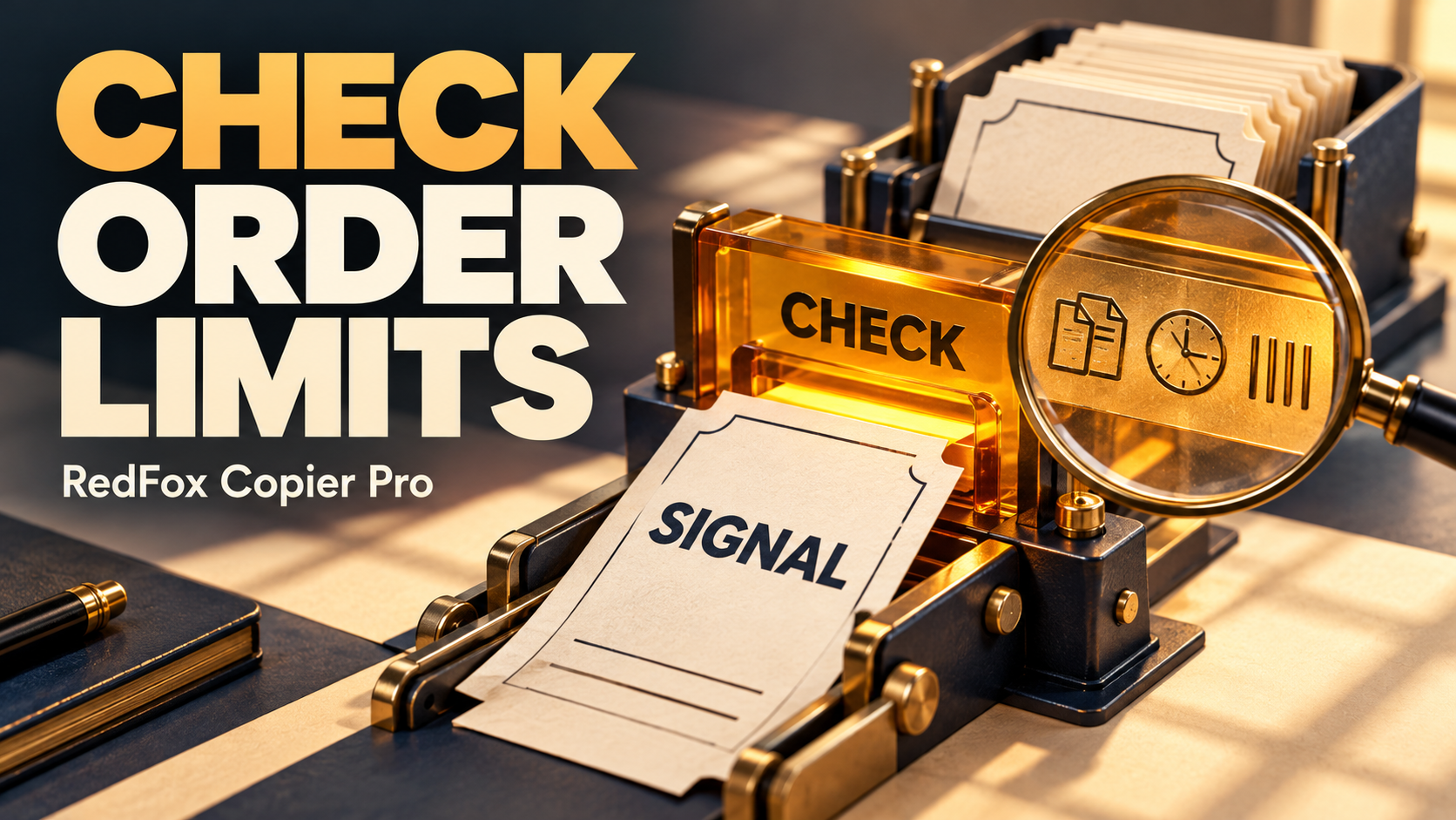 Concept illustration of a signal ticket paused at an amber inspection gate, with a magnifier over duplicate, clock and count symbols and the headline Check Order Limits.