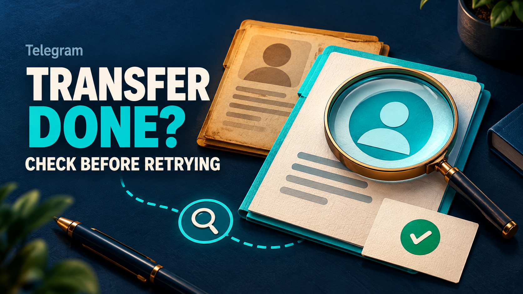 Concept illustration: a magnifying glass examines an account dossier beside an older folder and a check-mark slip; text reads Telegram, TRANSFER DONE?, CHECK BEFORE RETRYING.