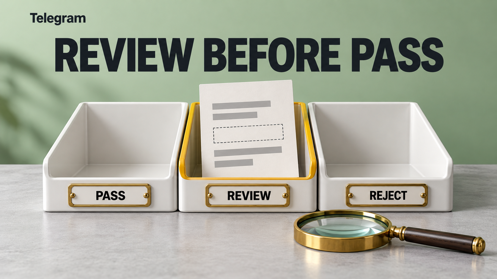 Concept illustration: a desktop sorter with three slots labeled PASS, REVIEW and REJECT; an alert card with an empty dashed gap leans in the REVIEW slot beside a magnifying glass; headline text reads Telegram, REVIEW BEFORE PASS.