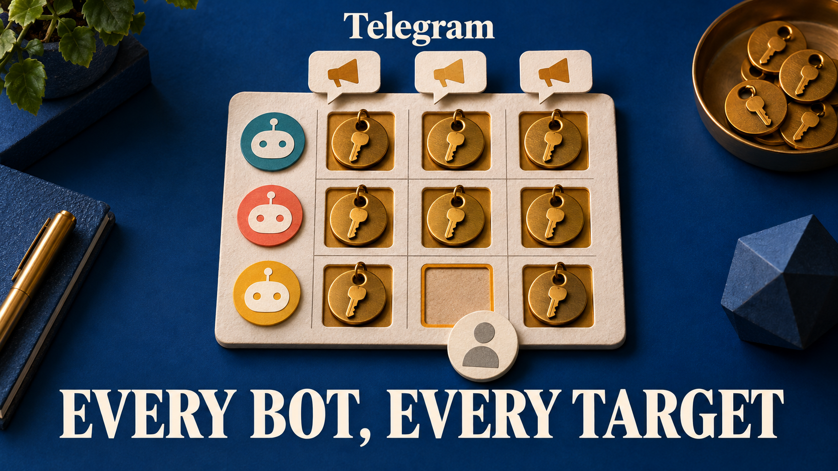 Concept paper access board: three bot tokens by three channel tags, eight sockets holding amber keys and one empty socket beside a white profile badge. Text: Telegram, EVERY BOT, EVERY TARGET