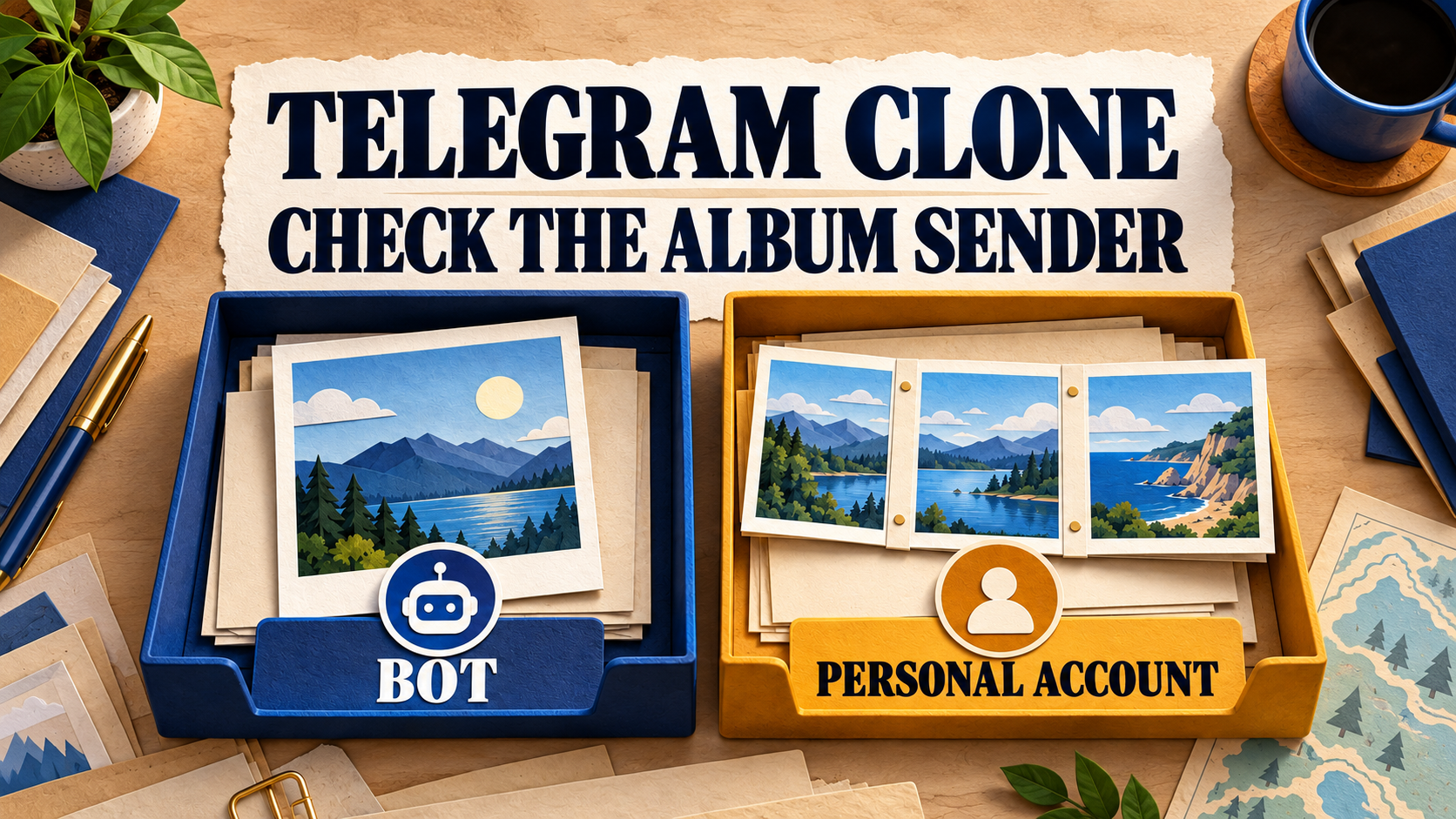 Concept illustration: a standalone photo in a BOT tray beside a connected three-photo album in a PERSONAL ACCOUNT tray, under Telegram Clone and Check the Album Sender.