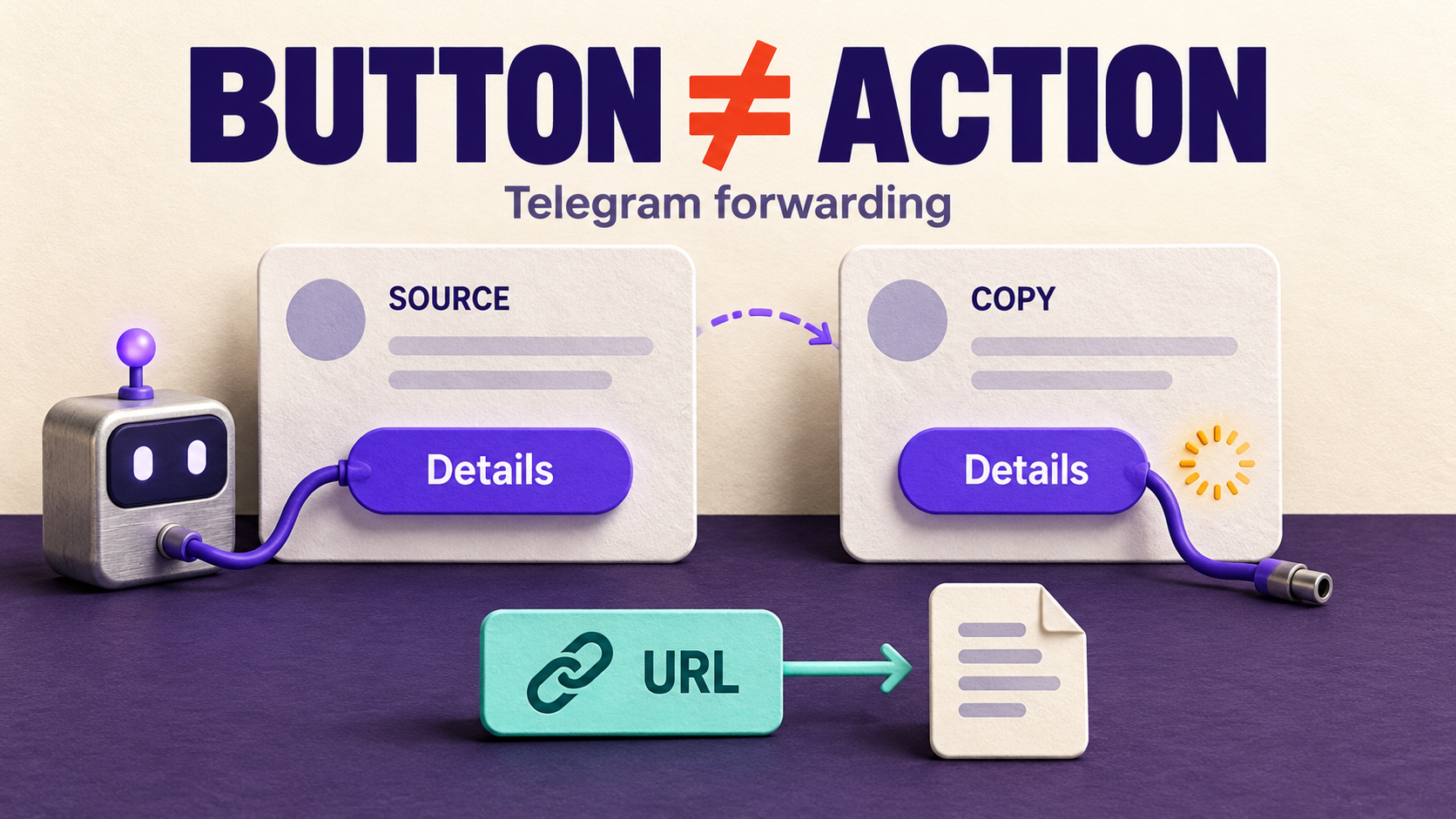 Concept illustration of a source Telegram Details button connected to a bot and a copied Details button with a disconnected cable beside a URL resource link.