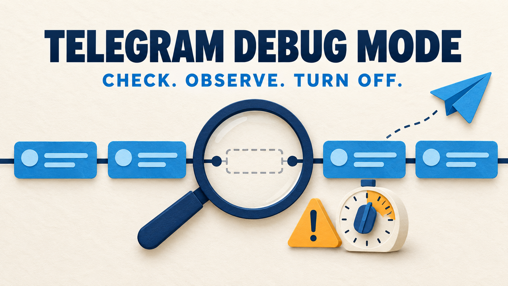 Concept illustration of a magnifying glass inspecting a gap in a Telegram-style message route, beside a caution sign and timer.
