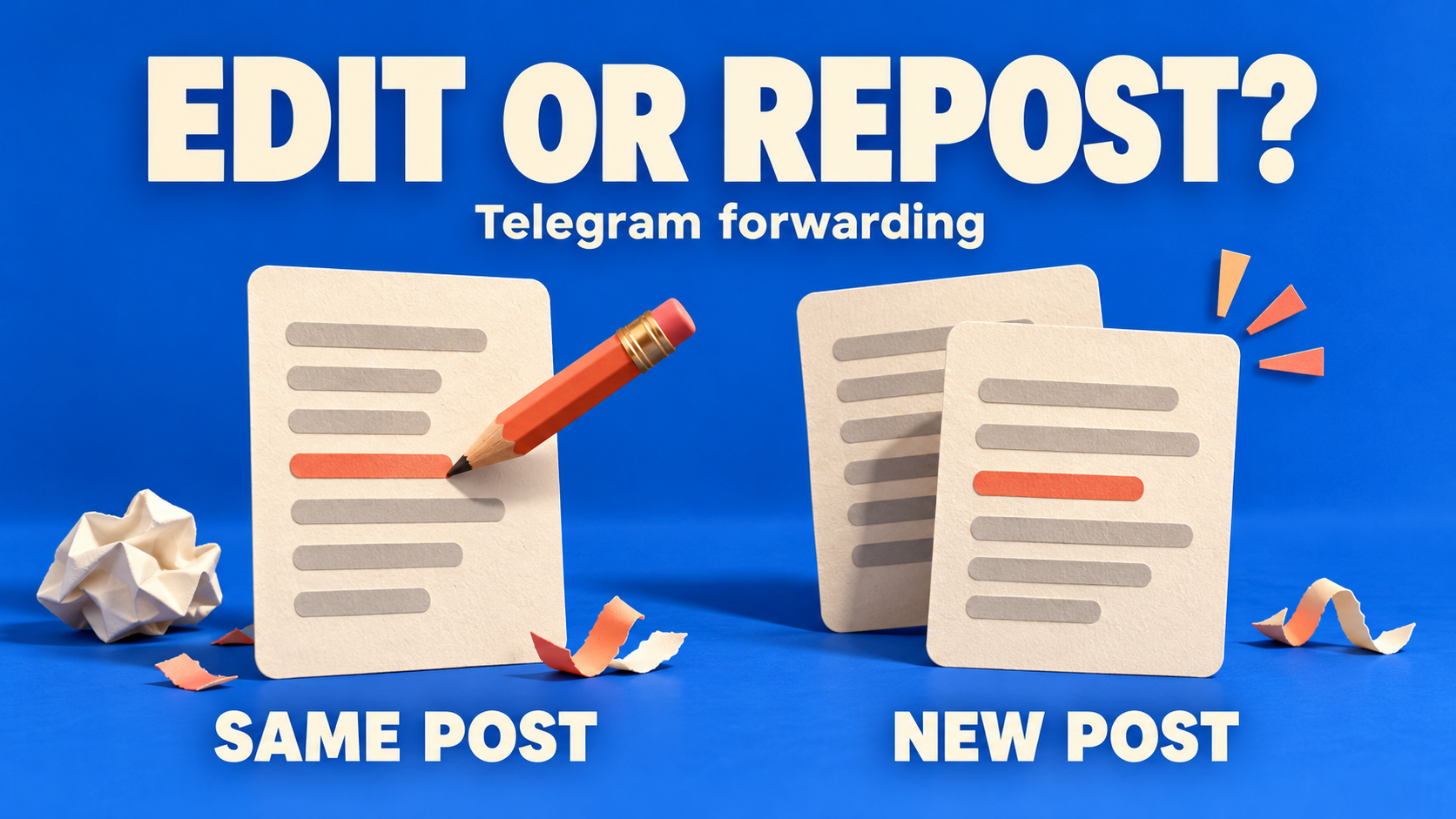 Concept illustration labeled Edit or Repost? Telegram forwarding, with a pencil revising one paper card under Same Post and two separate cards under New Post.