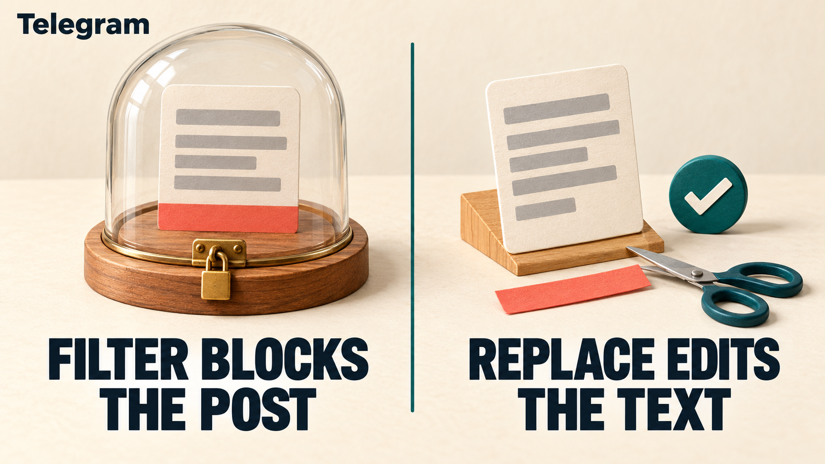 Concept illustration: a message card sealed under a glass dome beside a second card whose red footer strip has been trimmed off with scissors; text reads Telegram, FILTER BLOCKS THE POST, REPLACE EDITS THE TEXT.