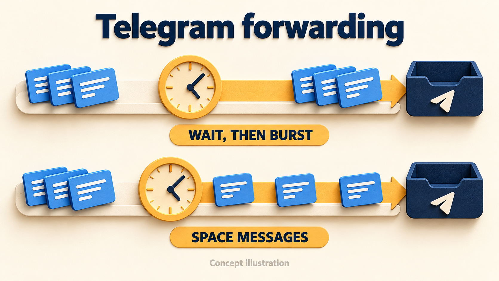 Concept illustration of Telegram forwarding: waiting preserves a group of messages while spacing separates them along a delivery path.