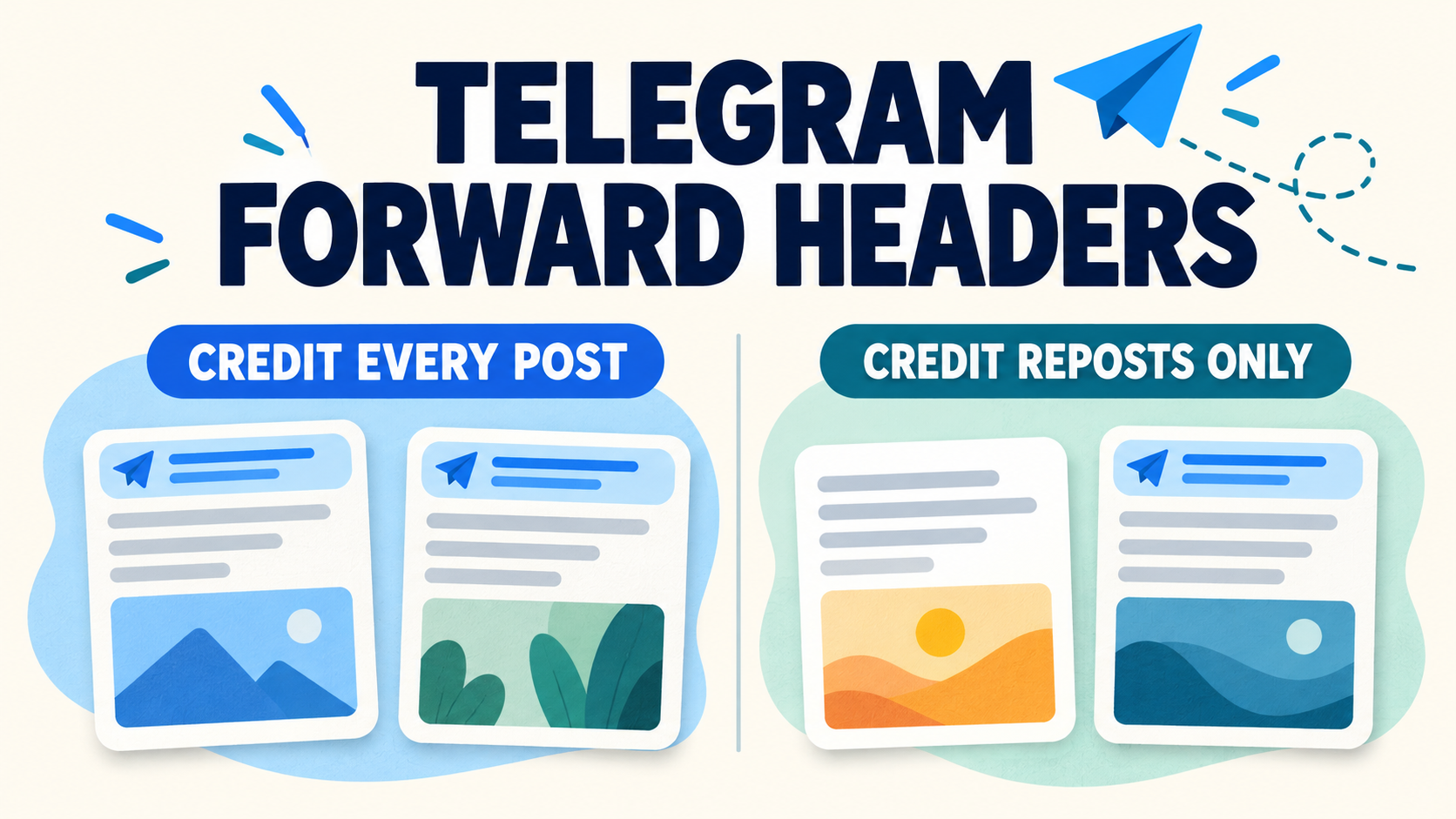 Concept illustration comparing Telegram forward-header policies: attribution on both message cards versus attribution only on the repost card.
