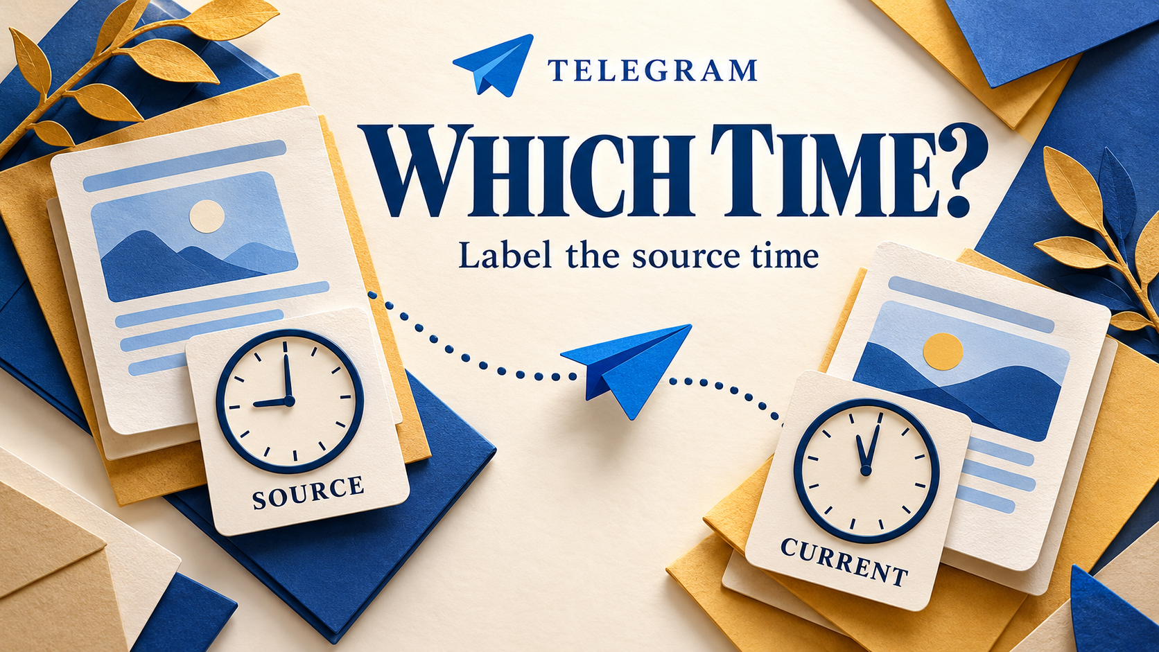 Concept illustration of two Telegram message sheets with separate SOURCE and CURRENT clocks under the headline Which Time?