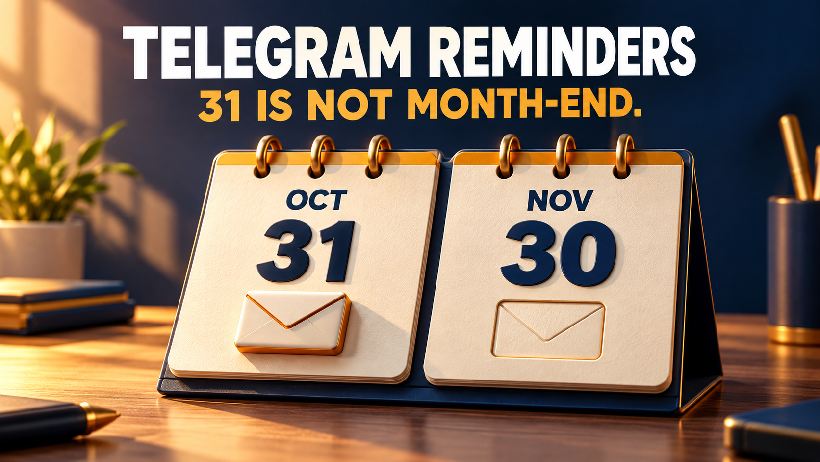 Concept illustration of Telegram reminders: an October 31 calendar leaf carries an envelope, while a November 30 leaf has an empty envelope outline.
