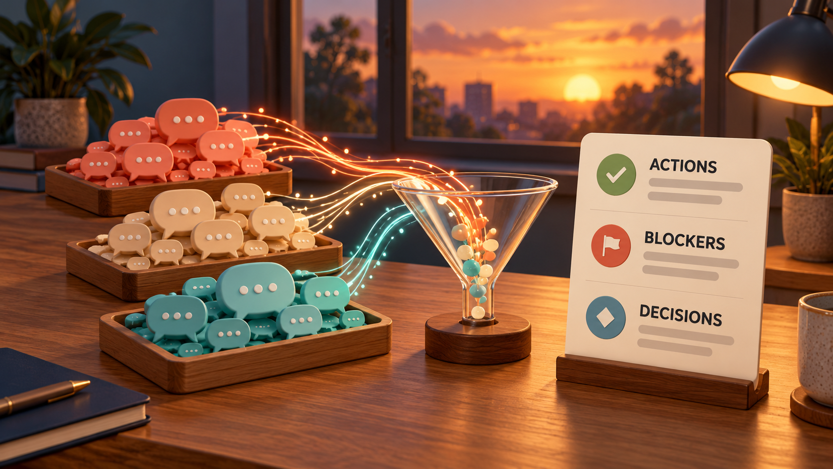 Concept illustration of three trays of chat-bubble tokens feeding a glass funnel beside a handoff card with Actions, Blockers and Decisions sections.