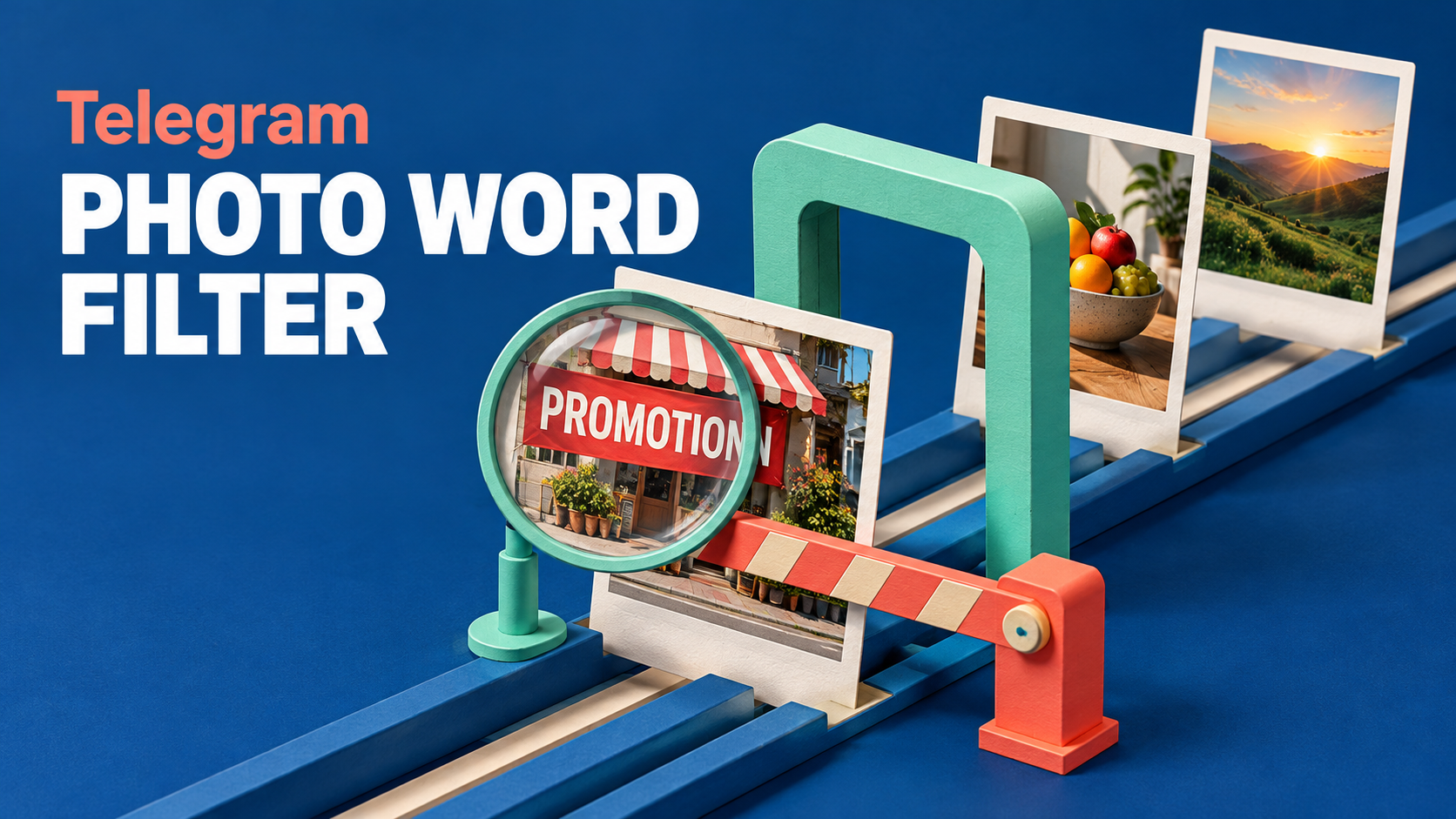 Concept illustration: a magnifier reads the word PROMOTION on a photo card stopped by a lowered barrier while two other photo cards pass an open gate; headline Telegram, PHOTO WORD FILTER