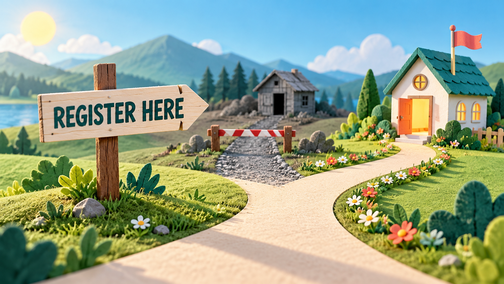 Paper-craft scene of a wooden signpost reading REGISTER HERE beside a forked path: an old gravel track is closed by a barrier while a fresh path leads to a small teal-roofed building.