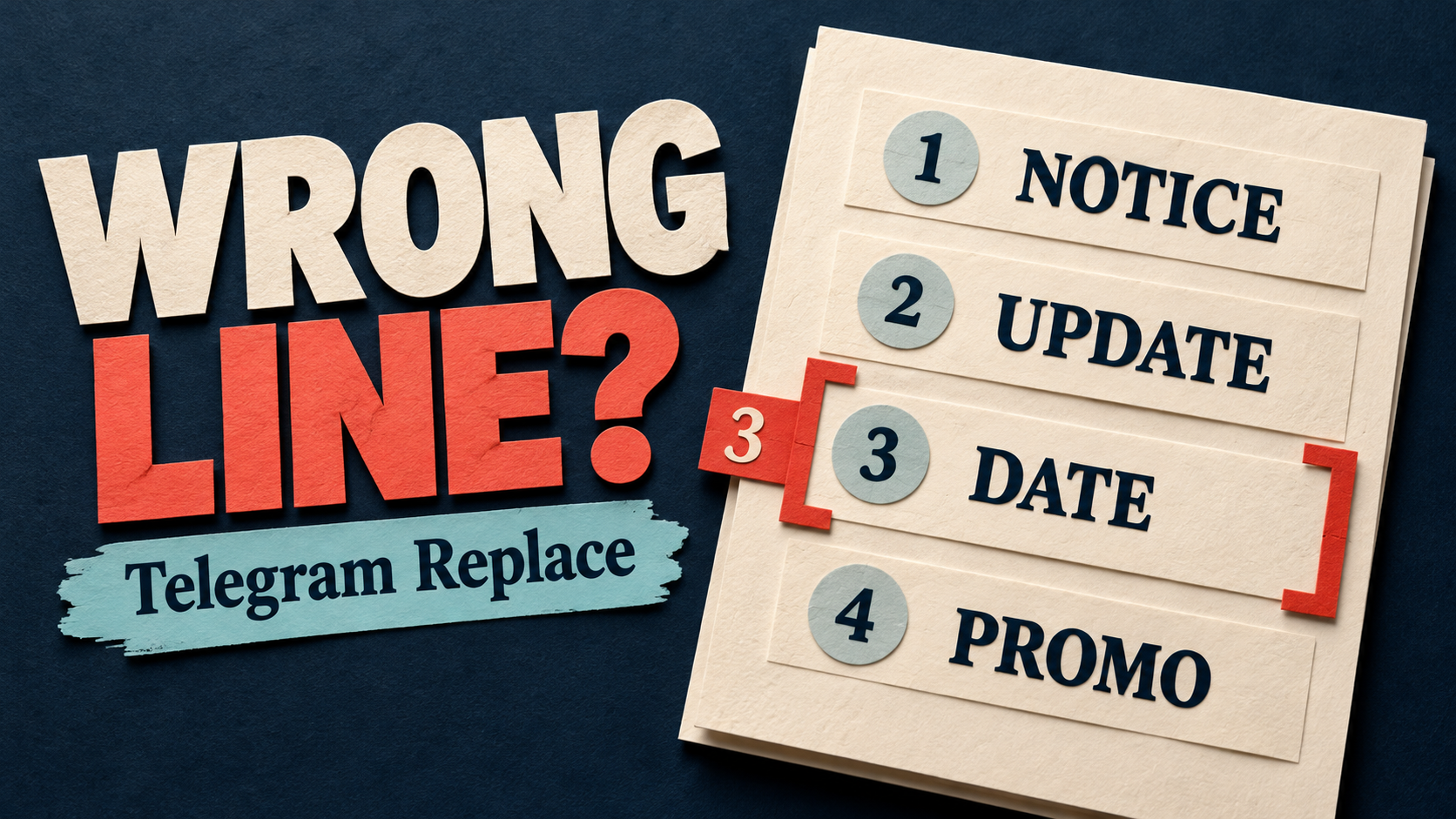 Concept illustration: four numbered paper rows read Notice, Update, Date and Promo; a red selection bracket incorrectly targets row 3, Date.