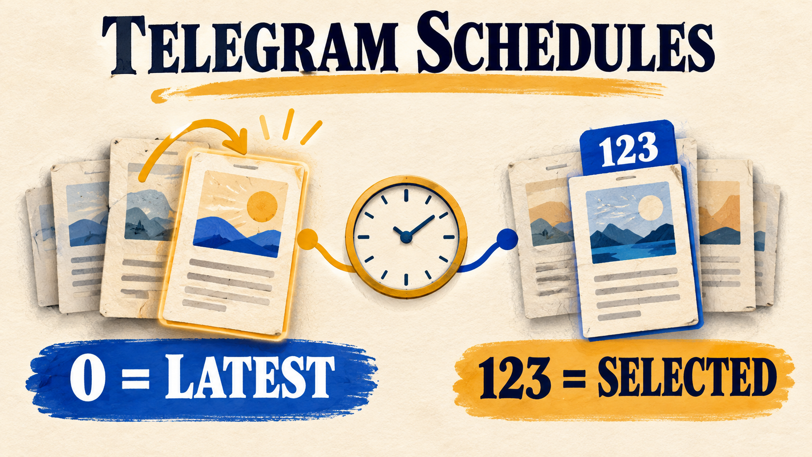 Concept illustration of Telegram scheduling: 0 selects the latest source post while 123 identifies a selected post.