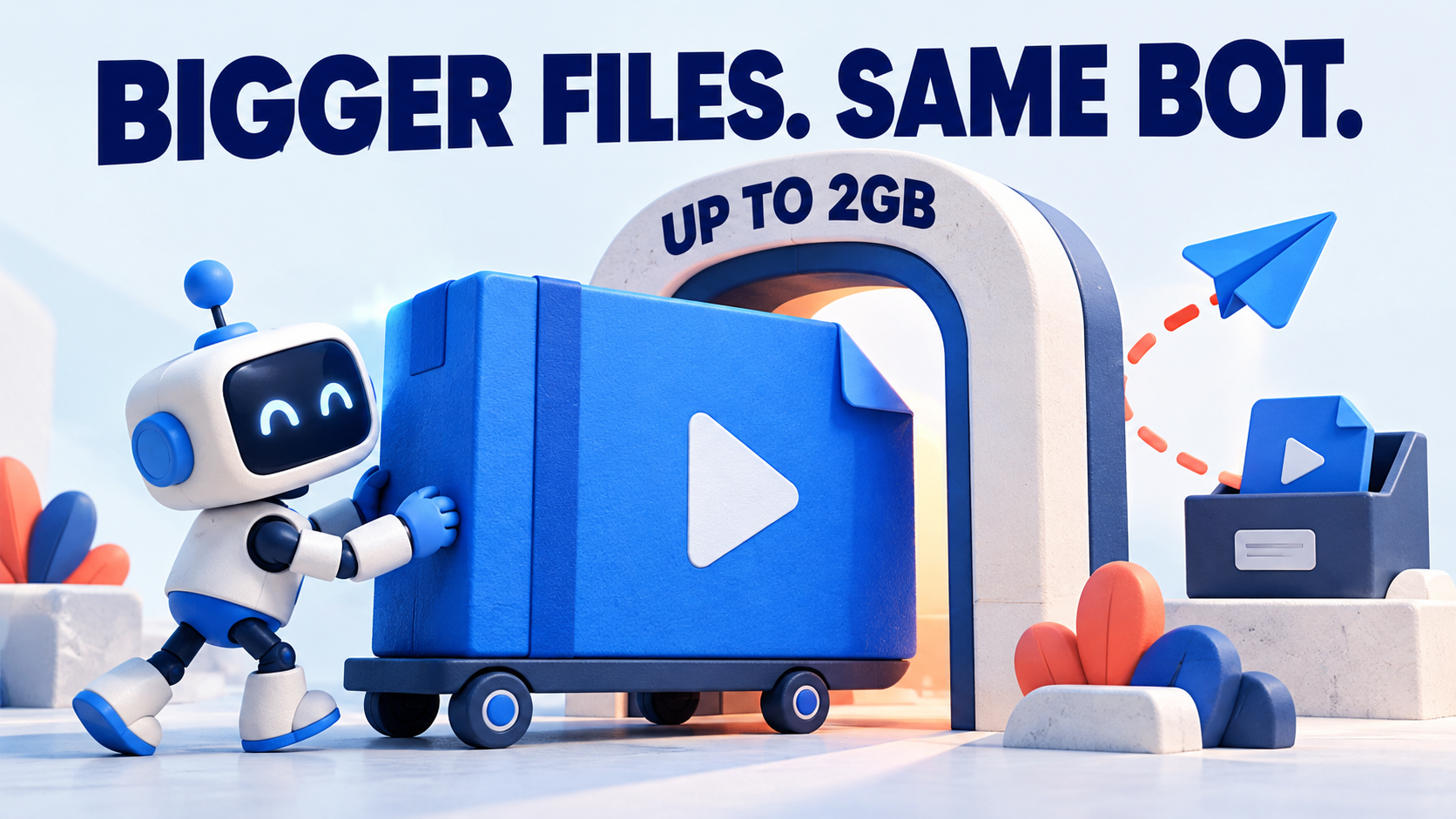 Concept illustration of a robot moving a large blue video parcel through an arch labeled Up to 2GB toward a Telegram-style paper plane and inbox.