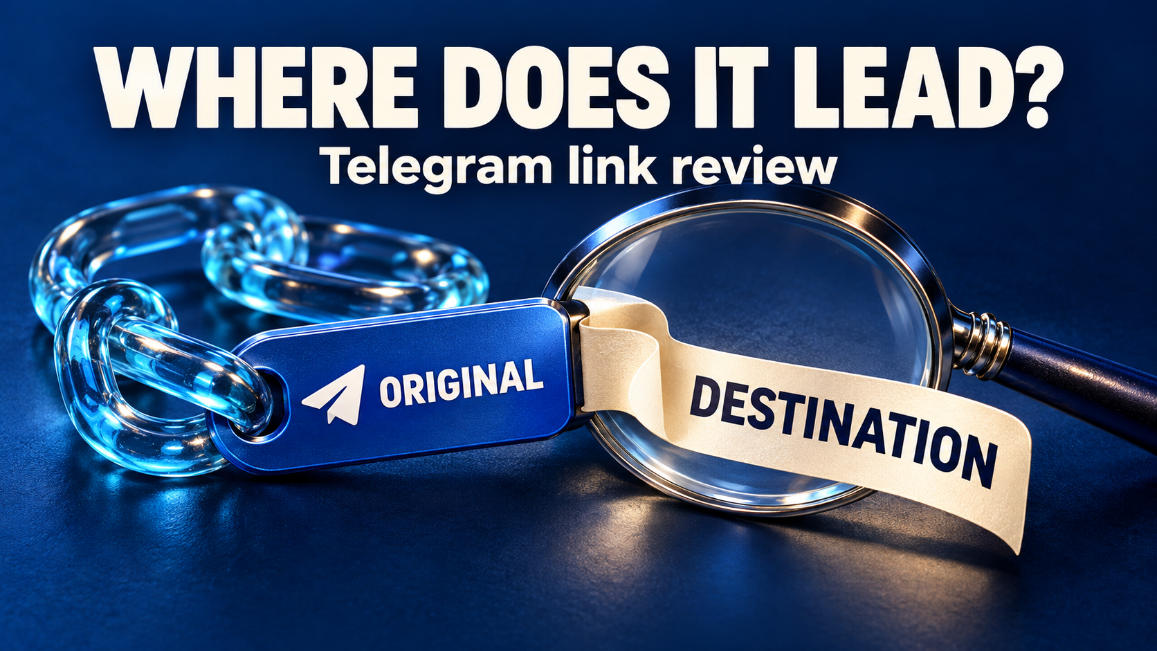 Concept illustration of a Telegram original-link tag paired with an unfolded destination label and magnifying glass, under Where Does It Lead? Telegram link review.