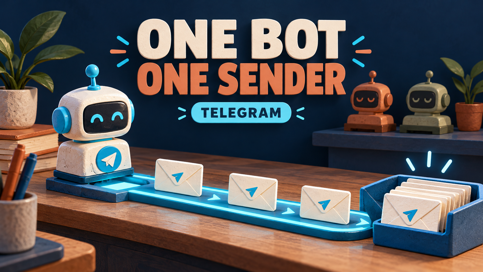 Concept illustration of one active Telegram robot sending envelopes along a cyan track while two other robots sit separately, with One Bot, One Sender and Telegram text.