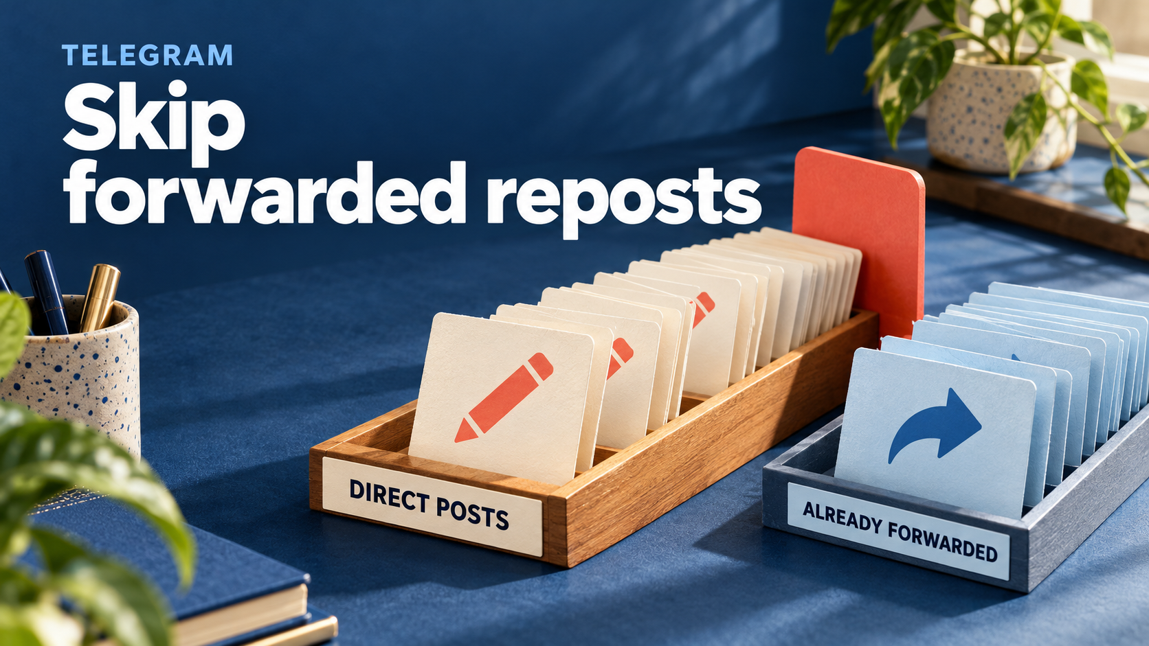 Concept illustration of two Telegram message-card trays labeled Direct Posts and Already Forwarded beneath the headline Skip forwarded reposts.