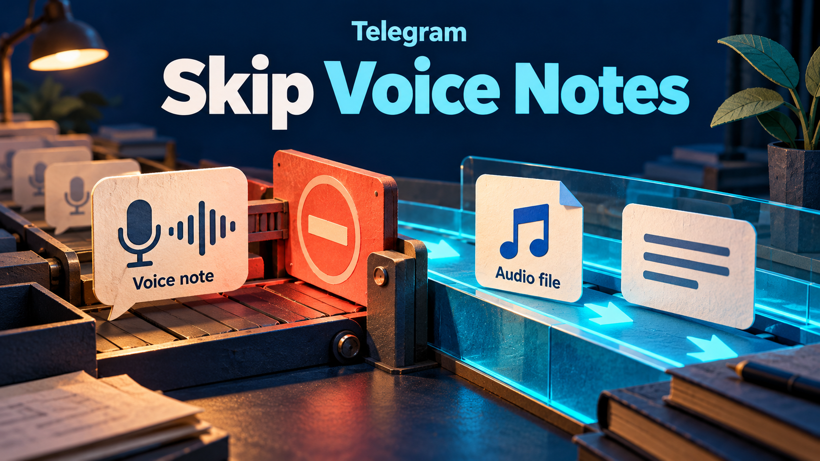 Concept illustration of a Telegram voice-note card stopped at a coral gate while an audio-file card and written notice continue along a cyan lane.