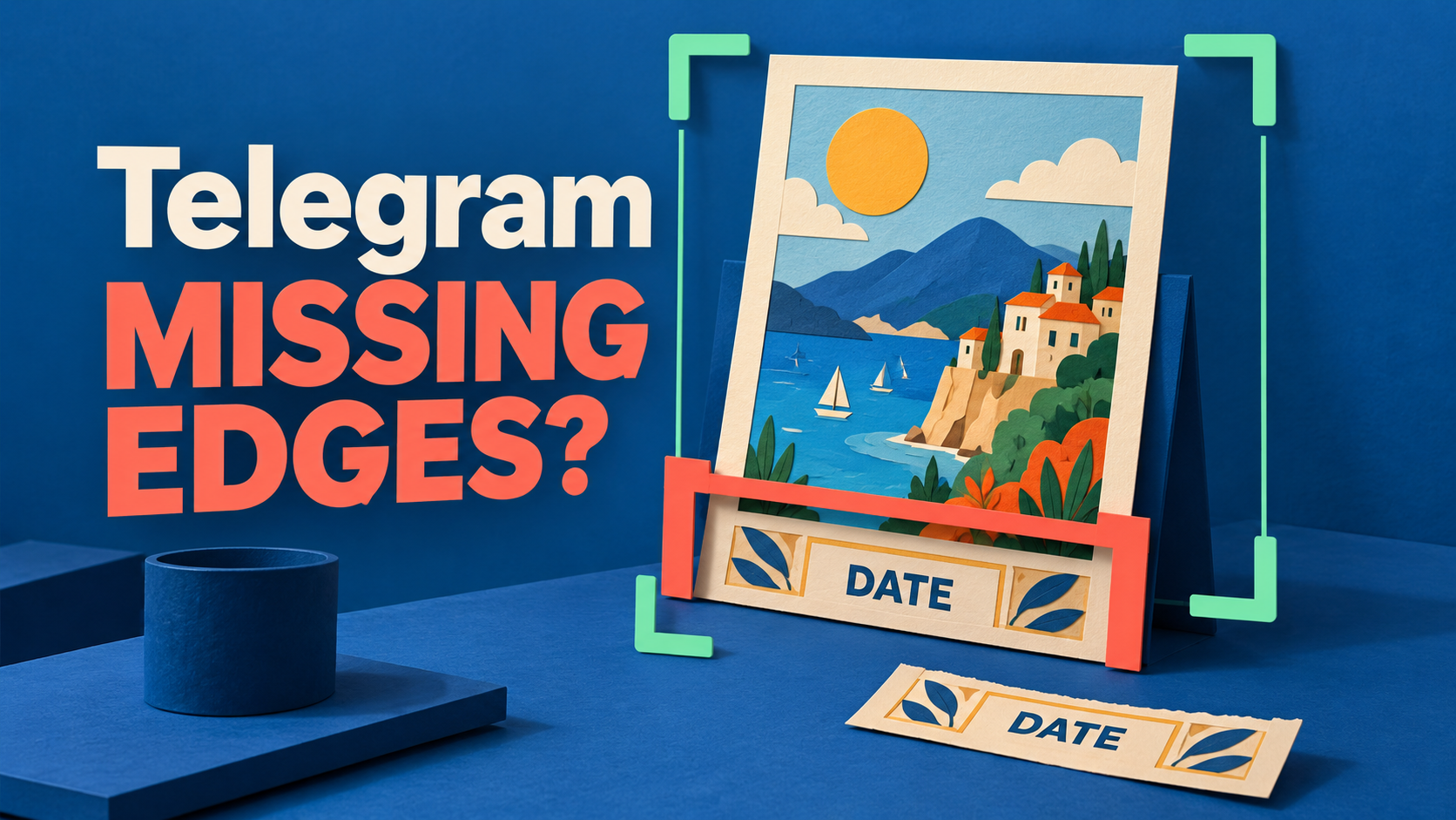 Concept poster and coral crop frame beside a detached date strip; headline: Telegram, MISSING EDGES?